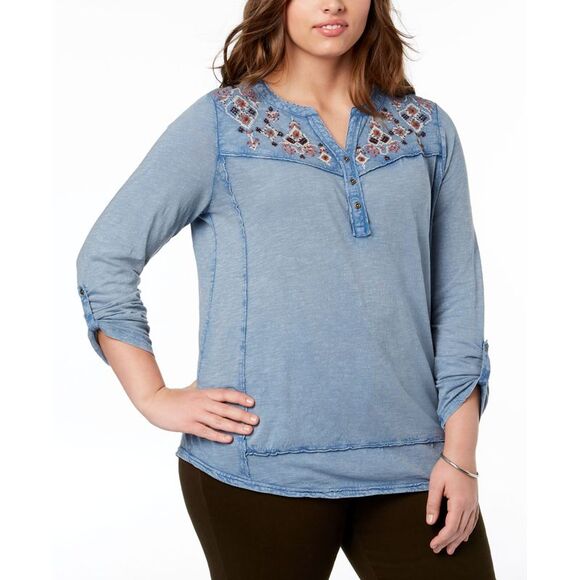 Style & Co Plus Size Cotton Embroidered Split Neck Top - Picture 1 of 3